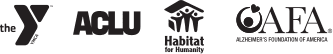 Logos for: YMCA, ACLU, Habitat for Humanity, Alzheimer's Foundation of America