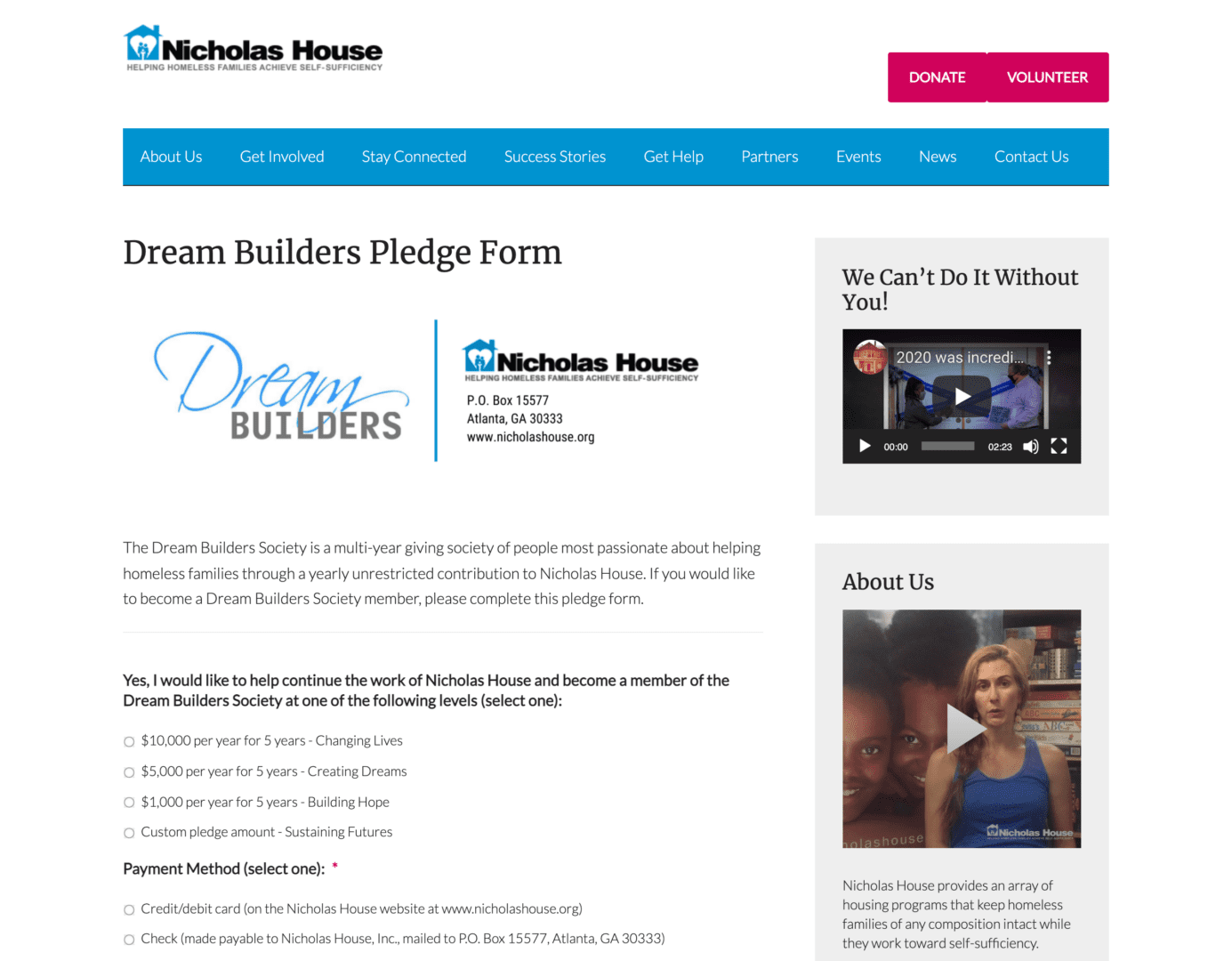 screenshot of Nicholas House's "Dream Builders Pledge Form" with, from left to right and top to bottom: Dream Builders logo, Nicholas House logo, video about 2020 impact, explanation of Dream Builders (multi-year giving club), donation amounts, video about the history of Nicholas House, payment method