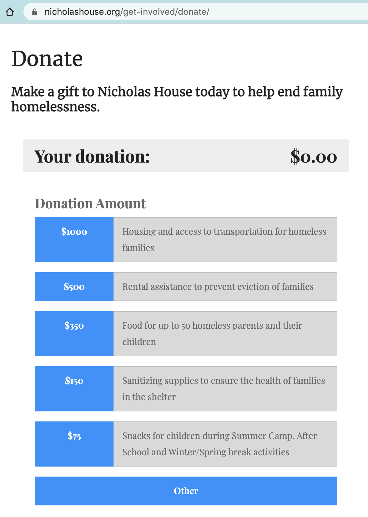 Screenshot of Nicholas House donation form. Suggested donation levels are: $1000 - Housing and access to transportation for homeless families; $500 - Rental assistance to prevent eviction; $350 - Food for up to 50 families; $150 - Sanitizing supplies to ensure families' health; $75 - Snacks for children's programming; Other; Your donation amount: