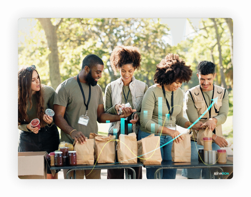 Volunteers working together with a positive trending arrow graphic overlay